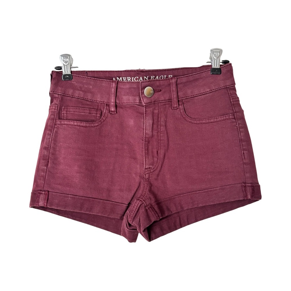 High-Rise Shortie AEO dark burgundy / plum color denim shorts in size 2